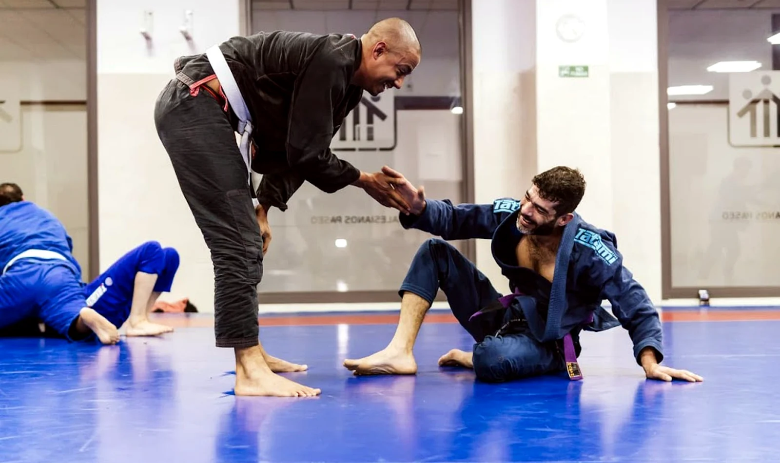Alumnos de Club Free Style BJJ saludandose en el tatami en Madrid
